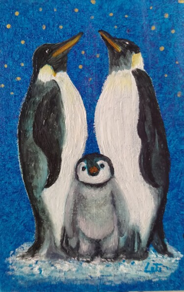 Painting titled "Penguin family" by Elena Titenko (LeTi), Original Artwork, Oil Mounted on Cardboard