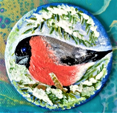 Painting titled "Bullfinch bird Orig…" by Elena Titenko (LeTi), Original Artwork, Acrylic Mounted on Cardboard