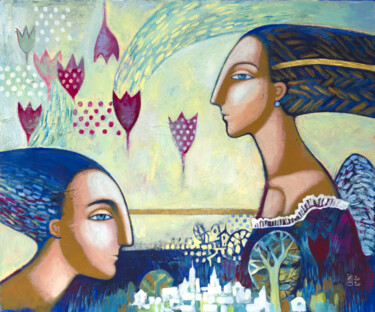 Painting titled "Meeting" by Elena Tomilova, Original Artwork, Acrylic Mounted on Wood Stretcher frame