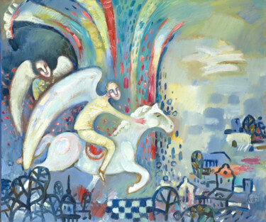 Pittura intitolato "Angels are humans t…" da Elena Tomilova, Opera d'arte originale, Olio Montato su Telaio per barella in l…