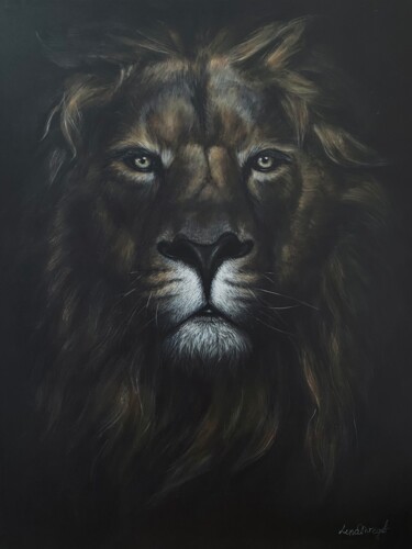 Malarstwo zatytułowany „Lion” autorstwa Елена Трегуб, Oryginalna praca, Akryl Zamontowany na Drewniana rama noszy