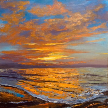 Schilderij getiteld "Golden Surf" door Elena Tretiakova, Origineel Kunstwerk, Olie Gemonteerd op Karton