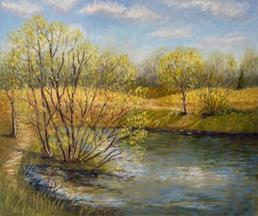 Painting titled "Spring" by Elena Tretiakova, Original Artwork, Oil Mounted on Wood Stretcher frame