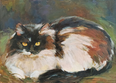 Painting titled "Calico Cat" by Elena Utkina, Original Artwork, Oil Mounted on Wood Stretcher frame