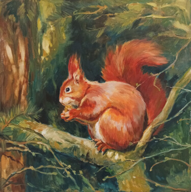 Painting titled "Fire Squirrel" by Elena Utkina, Original Artwork, Oil