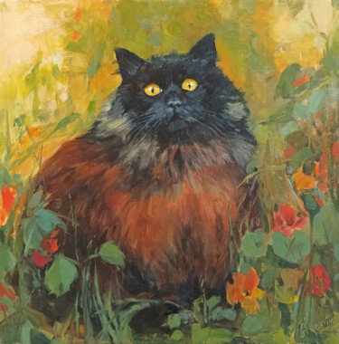 Peinture intitulée "Cat In Nasturtiums" par Elena Utkina, Œuvre d'art originale, Huile
