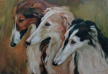 Pittura intitolato "Greyhounds" da Elena Utkina, Opera d'arte originale, Olio
