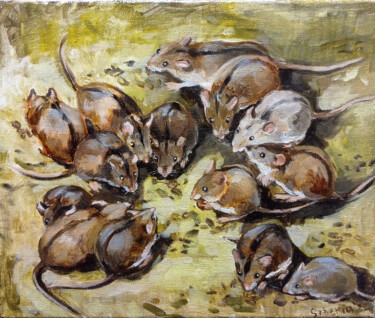 Painting titled "Vole mice" by Elena Utkina, Original Artwork, Oil