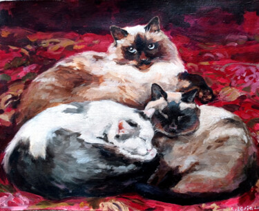 Pittura intitolato "Cats on Japanese bl…" da Elena Utkina, Opera d'arte originale, Olio