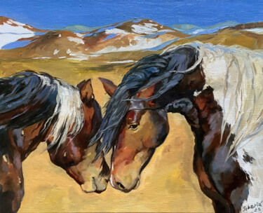 Pittura intitolato "Horses on a mountai…" da Elena Utkina, Opera d'arte originale, Olio