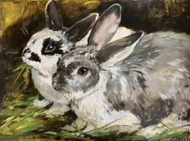 Painting titled "Two rabbits" by Elena Utkina, Original Artwork, Oil