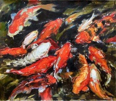 Картина под названием "The stormy stream" - Elena Utkina, Подлинное произведение искусства, Масло