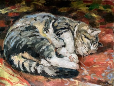 Schilderij getiteld "Grandma's cat" door Elena Utkina, Origineel Kunstwerk, Olie