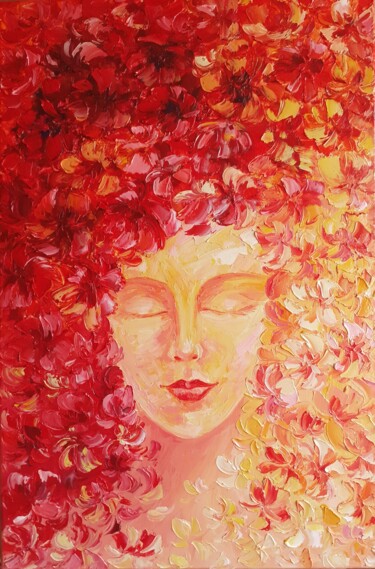 Malarstwo zatytułowany „Girl in flowers pai…” autorstwa Elena Vik, Oryginalna praca, Olej Zamontowany na Drewniana rama noszy