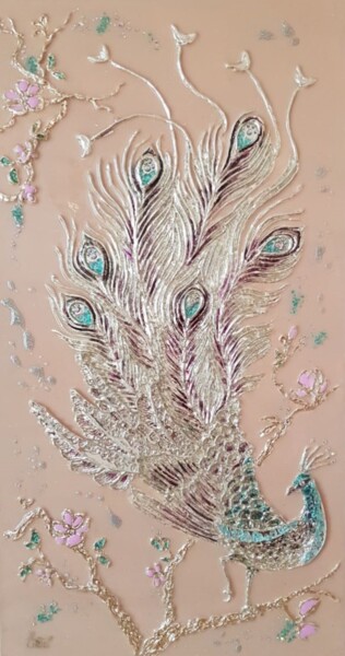 Painting titled "Peacock in the Gard…" by Elena Zhiltsova, Original Artwork, Lacquer Mounted on Wood Panel