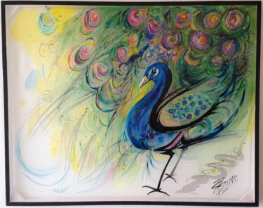 Painting titled ""Peacock"#2" by Elena Zimovets, Original Artwork, Acrylic Mounted on Wood Panel