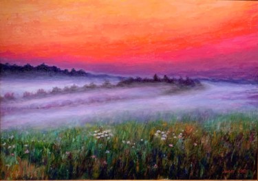 Peinture intitulée "Fog over the field" par Elena Mikhailova, Œuvre d'art originale, Huile Monté sur Carton