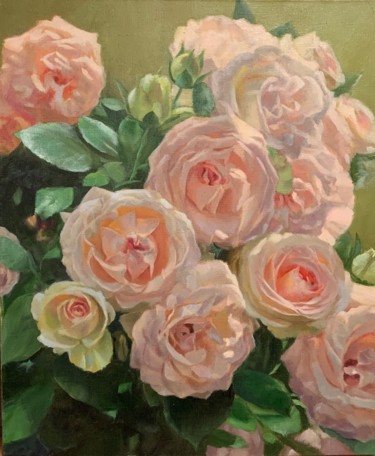 Painting titled "Romantic roses" by Elena Mikhailova, Original Artwork, Oil Mounted on Wood Stretcher frame