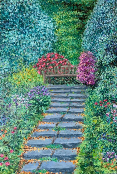 Painting titled "Stairs to the park" by Elena Mikhailova, Original Artwork, Oil Mounted on Cardboard