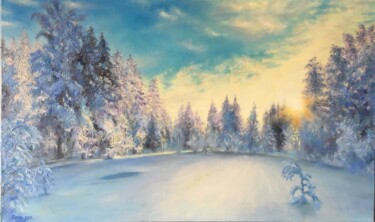 Painting titled "Winter fairy tale" by Elena Mikhailova, Original Artwork, Oil Mounted on Wood Stretcher frame