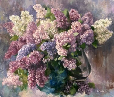 Painting titled "Two bouquets of lil…" by Elena Mikhailova, Original Artwork, Oil Mounted on Wood Stretcher frame