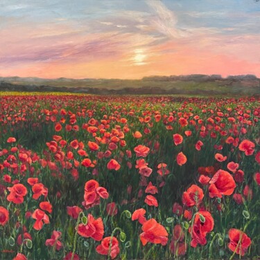 Painting titled "Poppies field" by Elena Mikhailova, Original Artwork, Acrylic Mounted on Wood Stretcher frame