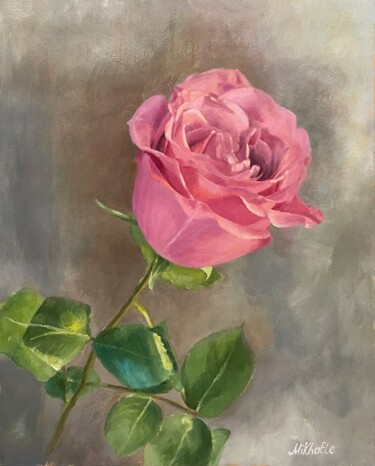 Schilderij getiteld "Pink rose  solo" door Elena Mikhailova, Origineel Kunstwerk, Olie