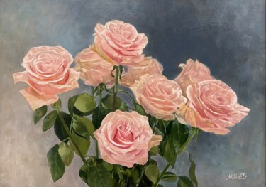 Painting titled "Bouquet of tender r…" by Elena Mikhailova, Original Artwork, Oil Mounted on Wood Stretcher frame