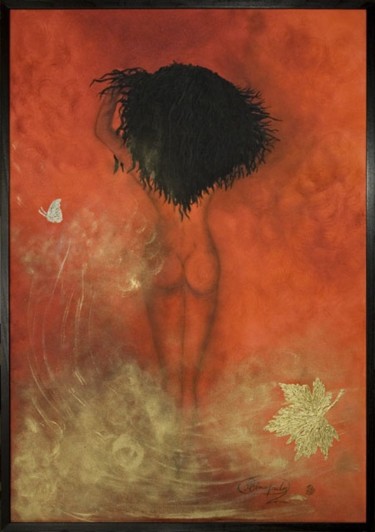 Painting titled "Nude - Fire Red - Κ…" by Elena Dimopoulos, Original Artwork, Oil Mounted on Wood Stretcher frame