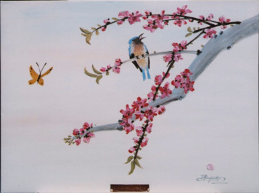 Painting titled "Blooming peach tree…" by Elena Dimopoulos, Original Artwork