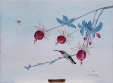 Peinture intitulée "Fuchsia-Hummingbird…" par Elena Dimopoulos, Œuvre d'art originale