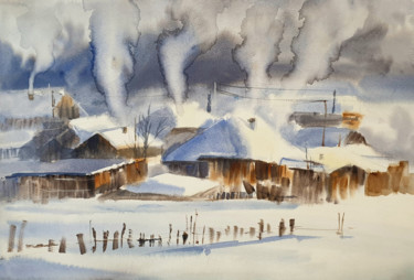 Schilderij getiteld "Sunny winter scener…" door Elena Genkin, Origineel Kunstwerk, Aquarel