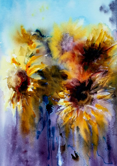 Schilderij getiteld "Sunflowers -2" door Elena Genkin, Origineel Kunstwerk, Aquarel