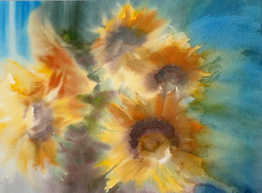 Painting titled "Sunflowers -1" by Elena Genkin, Original Artwork, Watercolor