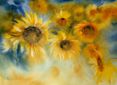 Pittura intitolato "Sunflowers fields.…" da Elena Genkin, Opera d'arte originale, Acquarello