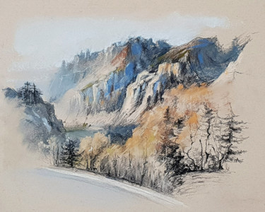 Desenho intitulada "Mystical Mountains.…" por Elena Genkin, Obras de arte originais, Pastel