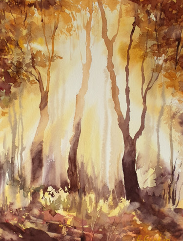 Painting titled "Autumn Forest" by Elena Genkin, Original Artwork, Watercolor