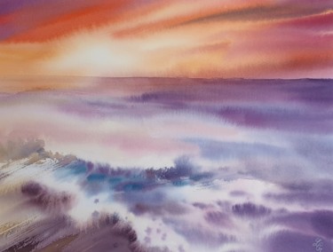 Painting titled "Red Sea Sunset" by Elena Genkin, Original Artwork, Watercolor