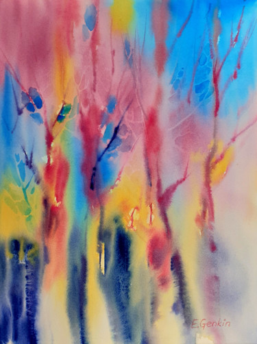 Painting titled "Frosty Forest" by Elena Genkin, Original Artwork, Watercolor