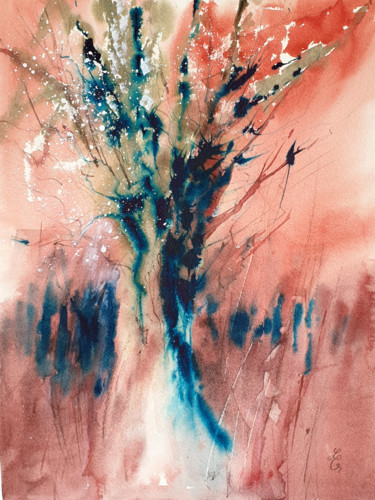 Painting titled "Lonely Tree" by Elena Genkin, Original Artwork, Watercolor