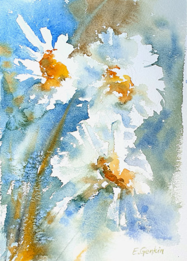 Schilderij getiteld "Mayweed Chamomile" door Elena Genkin, Origineel Kunstwerk, Aquarel