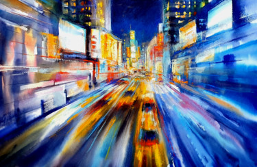 Peinture intitulée "Night Lights of New…" par Elena Genkin, Œuvre d'art originale, Aquarelle