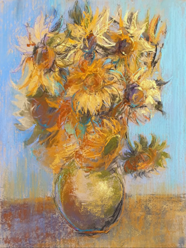 Malerei mit dem Titel "Sunflowers in a vas…" von Elena Genkin, Original-Kunstwerk, Pastell