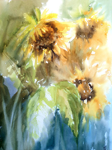 Pintura intitulada "Sunflowers . 6th ed…" por Elena Genkin, Obras de arte originais, Aquarela