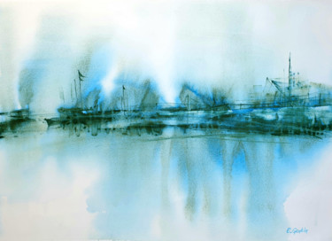 Peinture intitulée "Village near river.…" par Elena Genkin, Œuvre d'art originale, Aquarelle