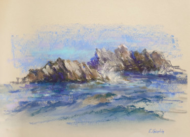 Drawing titled "Rocky Seashore" by Elena Genkin, Original Artwork, Pastel