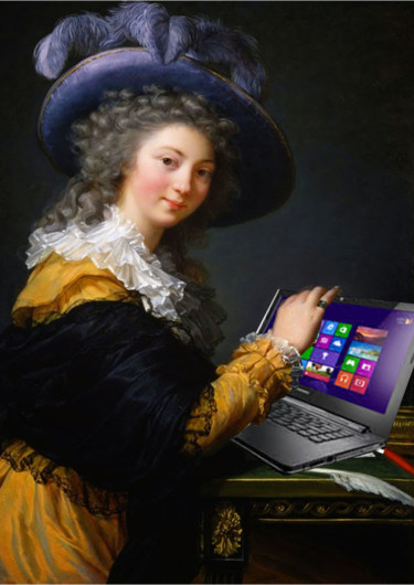 Malerei mit dem Titel "lady with computer" von Elena Mclaren, Original-Kunstwerk, Öl