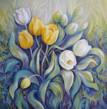 Painting titled "Tulips,flowers" by Elena Oleniuc, Original Artwork, Acrylic