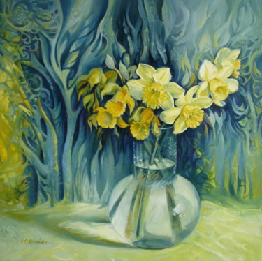 Painting titled "Daffodils season" by Elena Oleniuc, Original Artwork, Oil