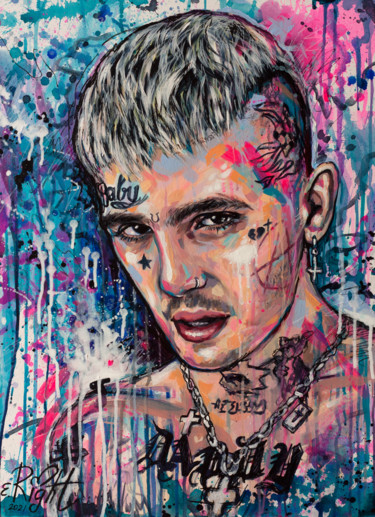 Painting titled "Lil Peep portrait O…" by Elena Right, Original Artwork, Acrylic Mounted on Cardboard